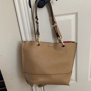 Calvin Klein Reversible Beige Red Tote with Gold Accents and Shoulder Strap